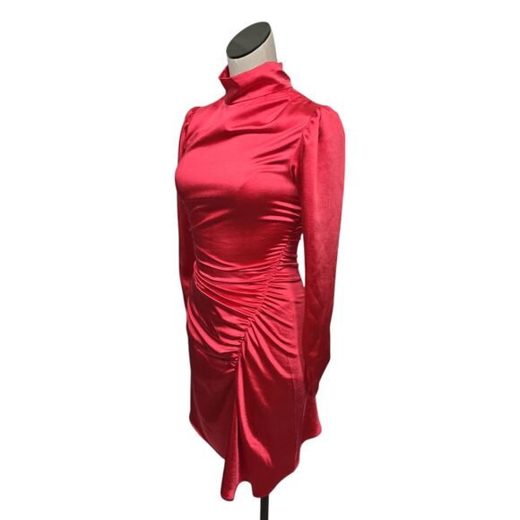 NWT A.L.C. Joss Ruched Asymmetric Satin Dress Size 0 Pink Barbiecore Long Sleeve - Picture 10 of 13
